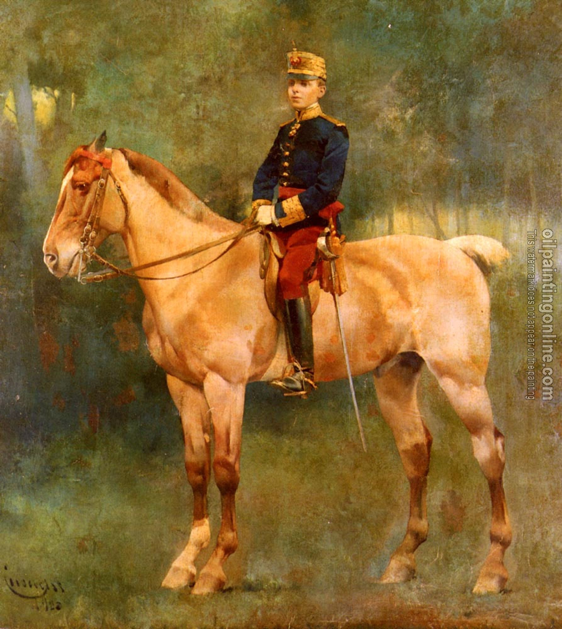 Jose Cusachs y Cusachs - A Portrait Of Alfonso III On Horseback